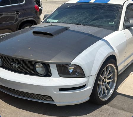 White Ford Mustang GT with dull, hazy paint and a flat grey hood stripe before detailing.